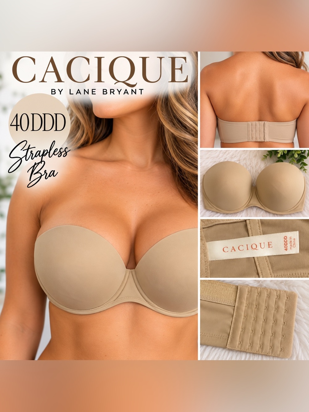 Cacique Strapless Bra 40DDD Beige Nude Full Coverage Plus Size